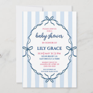 Cute Blue Stripes & Navy Ribbon Bows Baby Shower Invitation
