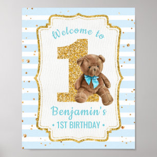 Cute Blue Strips Teddy Bear 1st Birthday Poster