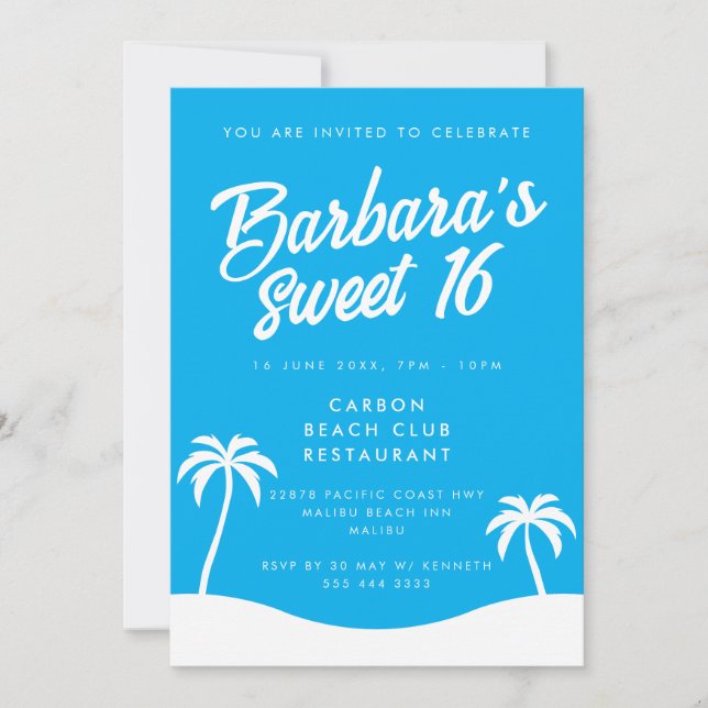 Cute Blue Summer Beach Party Sweet 16 Invitation (Front)
