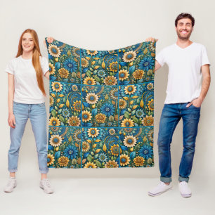 Cute Blue Sunflower Garden Quilt Pattern Fleece Blanket