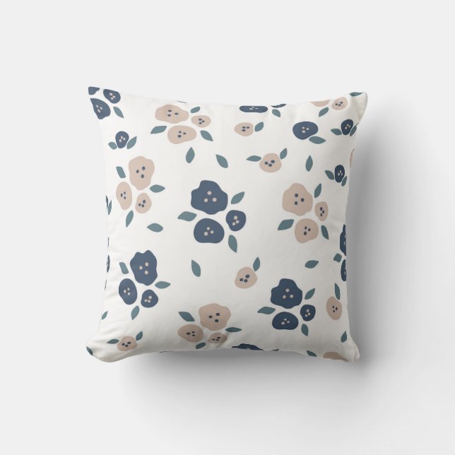 Cute Blue Tan Floral Modern Farmhouse Pretty Cushion (Front)