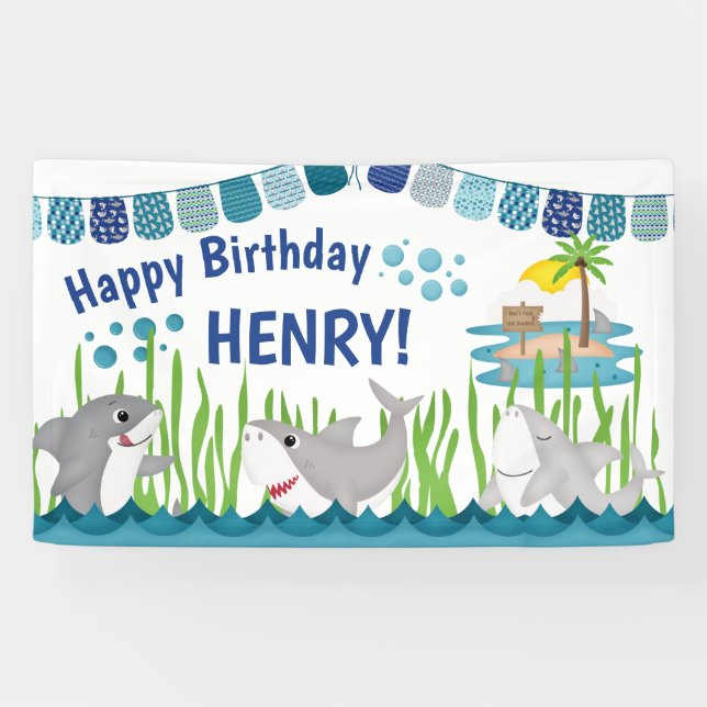 Cute Blue Teal Shark Ocean Kid Birthday Banner (Horizontal)