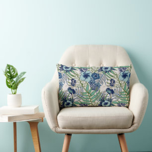 Cute Blue Teal Turquoise Green Hawaiian Floral Lumbar Cushion