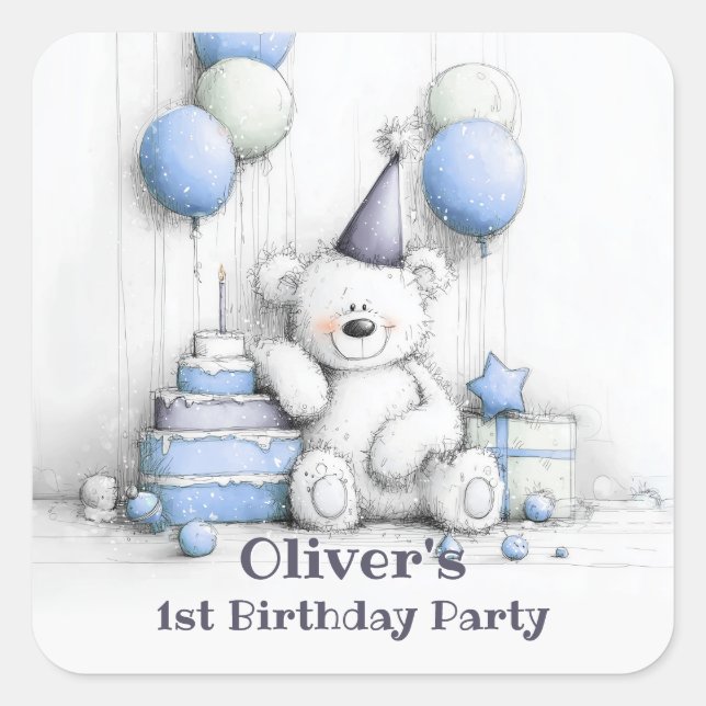 Cute Blue Teddy Bear 1st Birthday Envelope Seal (Front)