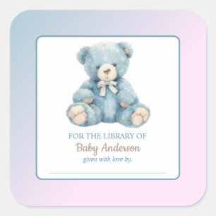 Cute Blue Teddy Bear Baby Shower Bookplate  Square Sticker