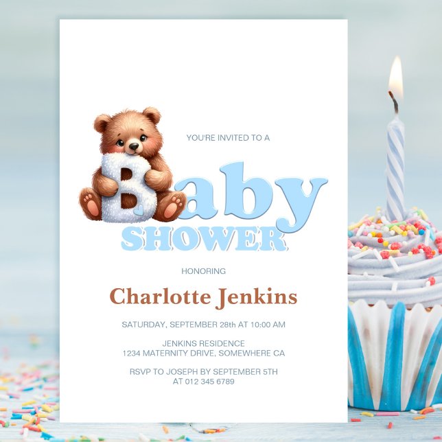 Cute Blue Teddy Bear Baby Shower Invitation (Creator Uploaded)