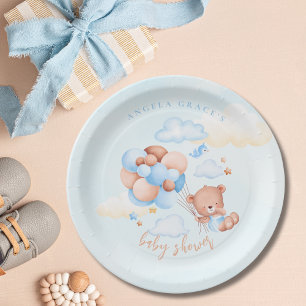 Cute Blue Teddy Bear Baby Shower Paper Plate
