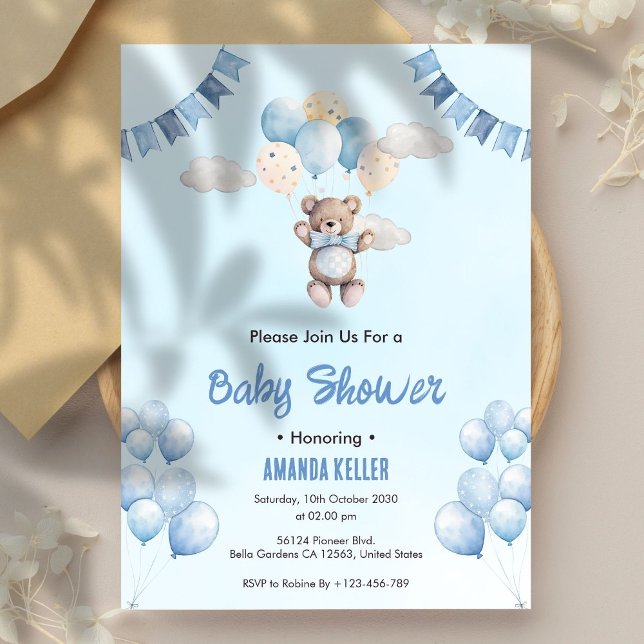 Cute Blue Teddy Bear Balloons & Clouds Baby Shower Invitation (Creator Uploaded)