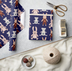 Cute Blue Teddy Bear Cat Toy Pattern Wrapping Paper