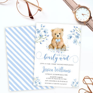 Cute blue teddy bear floral baby shower Invitation