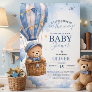 Cute Blue Teddy Bear Hot Air Balloon Baby Shower  Invitation