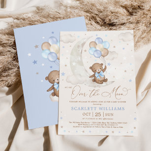 Cute Blue Teddy Bear Moon Balloons Boy Baby Shower Invitation
