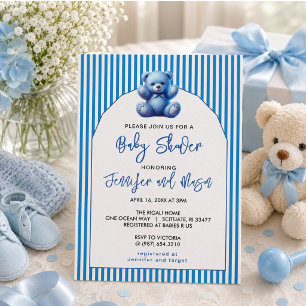 Cute Blue Teddy Bear Vintage Baby Boy Shower Invitation