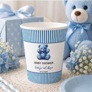 Cute Blue Teddy Bear Vintage Baby Boy Shower Paper Cups