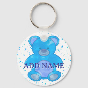 Cute Blue Teddy Bear Watercolor Custom Name Key Ring