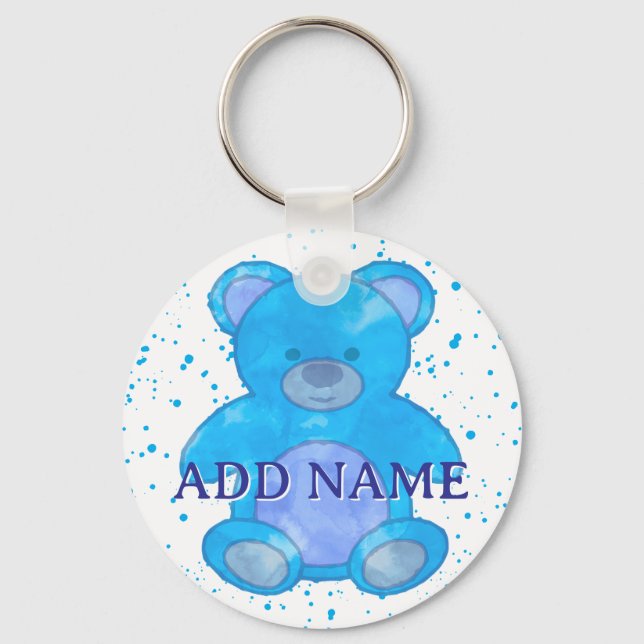 Cute Blue Teddy Bear Watercolor Custom Name Key Ring (Back)