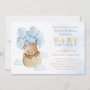 Cute Blue Teddy Bear with Balloons Baby Shower Invitation