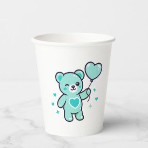 Cute Blue Teddy Bear With Heart Love Paper Cups