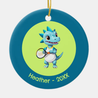 Cute blue tennis dinosaur ceramic ornament