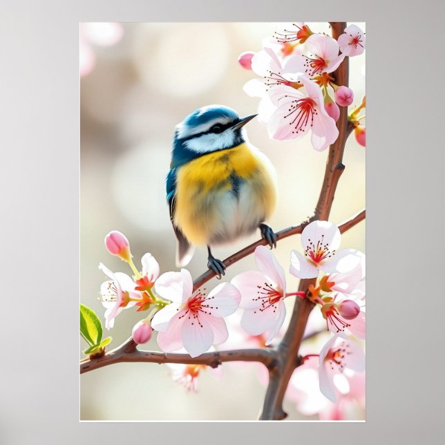Cute Blue Tit Bird on Spring Blooming Apple Tree   Poster (Front)