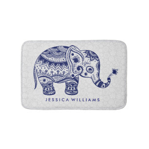Cute Blue Tones Floral Elephant Bath Mat
