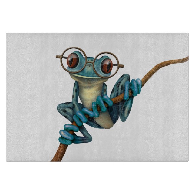 Cute Blue Tree Frog with Eye Glasses on White Cutting Board (Front)