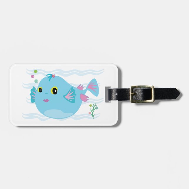 Cute Blue Tropical Fish Pink Fins Luggage Tag (Front Horizontal)