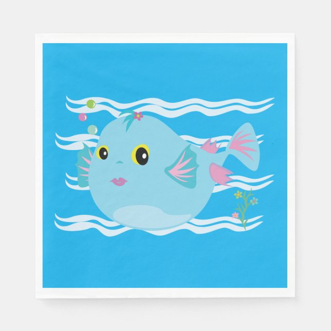 Cute Blue Tropical Fish Pink Fins Napkin (Front)