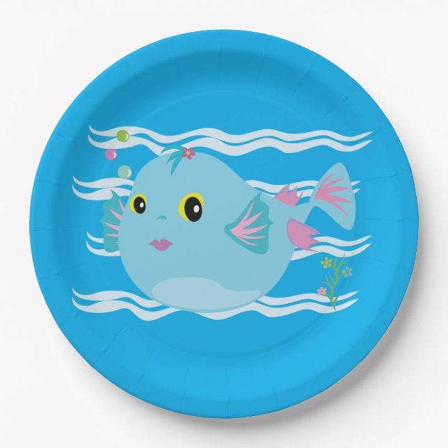Cute Blue Tropical Fish Pink Fins Paper Plate (Front)