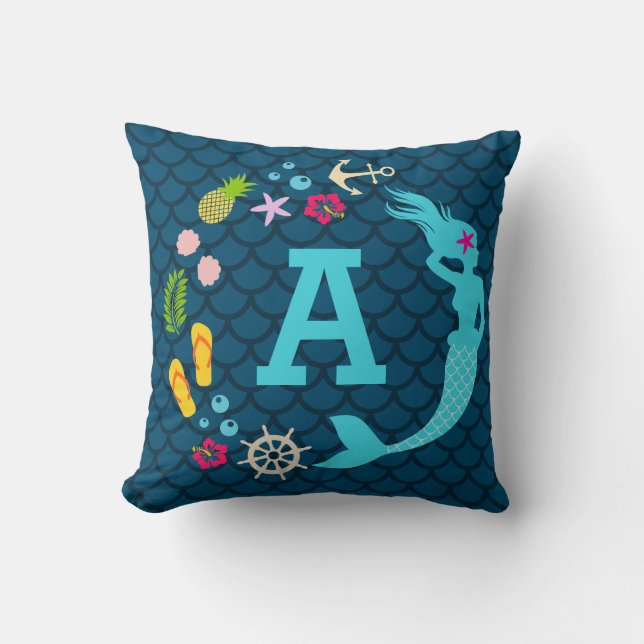 Cute Blue Tropical Mermaid Monogram Girls Cushion (Front)