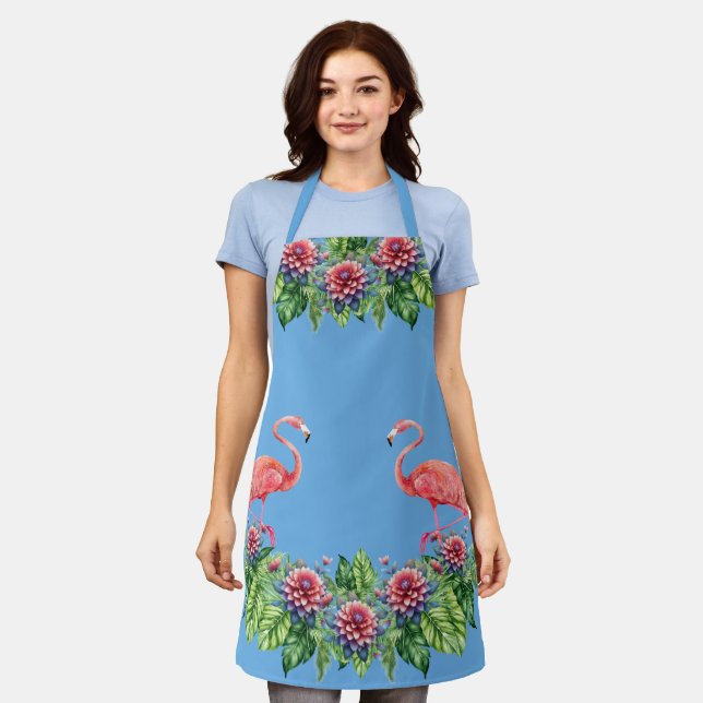 Cute Blue Tropical Pink Flamingo's  Apron (Worn)