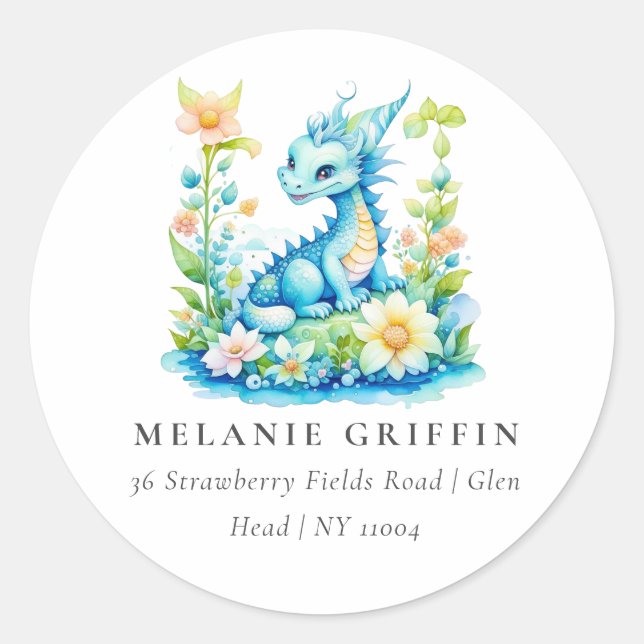 Cute Blue Turquoise Green Dragon Personalised Classic Round Sticker (Front)