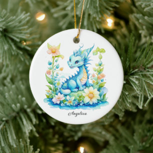 Cute Blue Turquoise Green Dragon Personalized  Ceramic Ornament