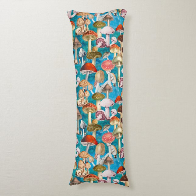 Cute blue turquoise mushroom fungi pattern  body cushion (Front Vertical)