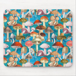 Cute blue turquoise mushroom fungi pattern mouse pad