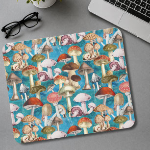 Cute blue turquoise mushroom fungi pattern mouse pad