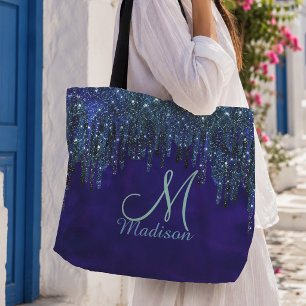 Cute blue turquoise Unicorn Glitter Drips monogram Tote Bag