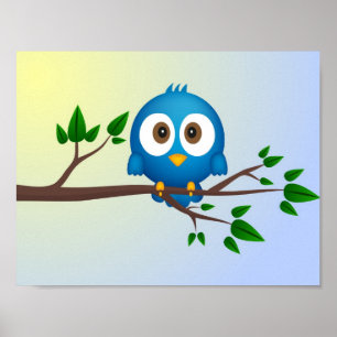 Cute blue twitter bird cartoon poster
