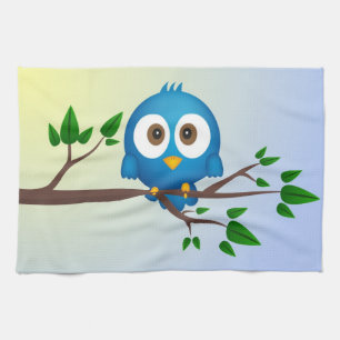 Cute blue twitter bird cartoon tea towel