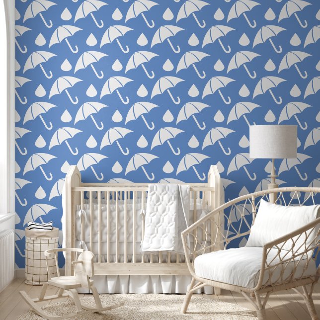 Cute Blue Umbrella and Raindrops Pattern Wallpaper (Kids)