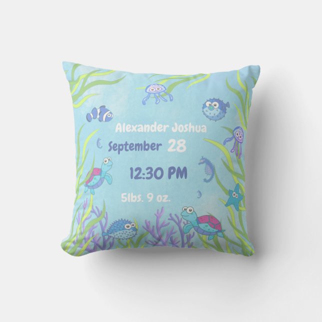 Cute Blue Under the Sea Baby Boy Nursery Cushion (Front)