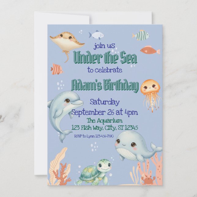 Cute, Blue, Under the Sea Birthday  Invitation (Front)