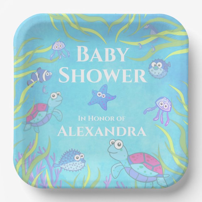 Cute Blue Under the Sea Boy Baby Shower  Paper Pla Plate (Front)