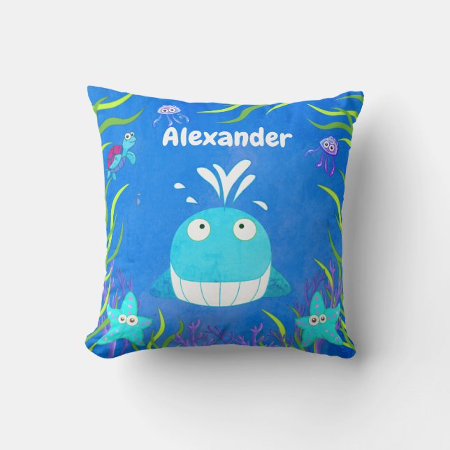 Cute Blue Under the Sea Whale  Cushion (Front)