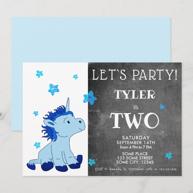 Cute Blue Unicorn 2nd Birthday Party Invitation (Front/Back)