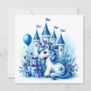 Cute Blue Unicorn and Fairytale Castle Invitation
