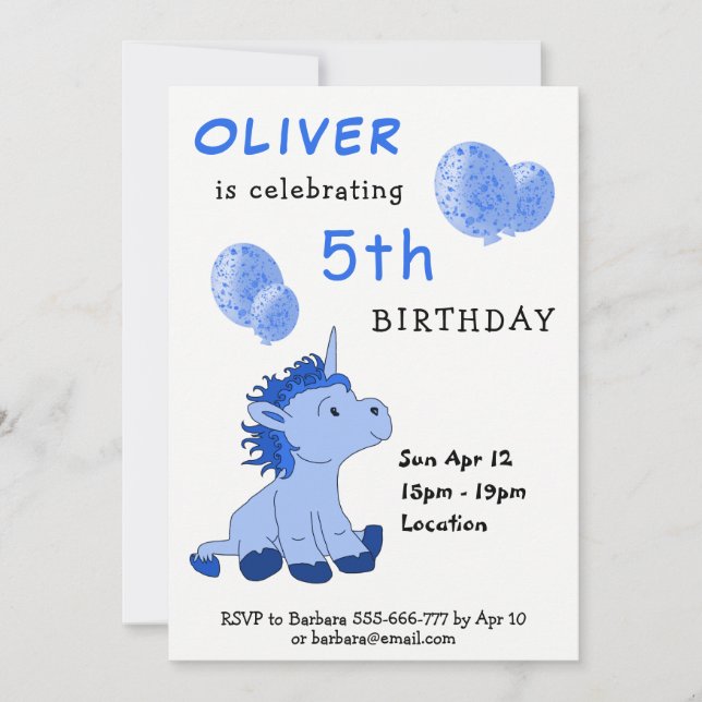 Cute Blue Unicorn Balloons Boy`s Birthday Party Invitation (Front)