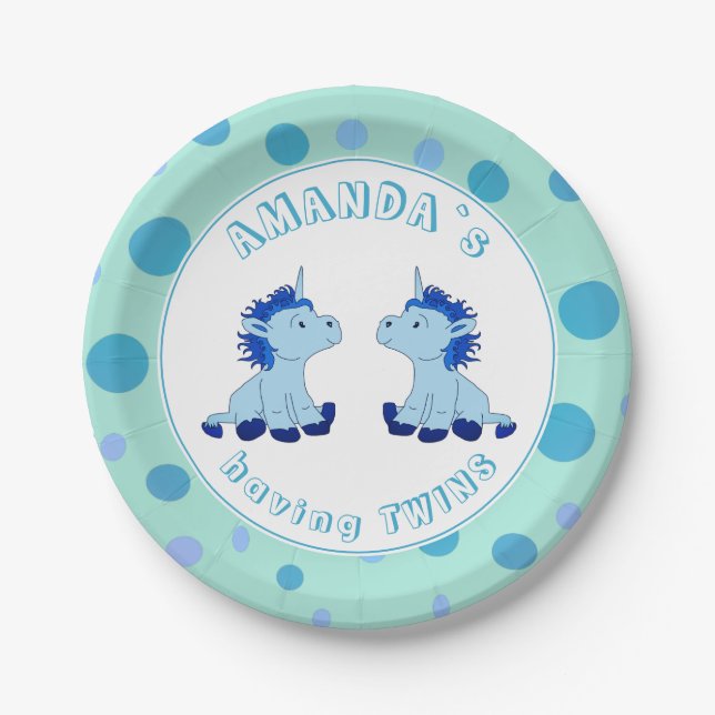 Cute Blue Unicorn Boys Twins Baby Shower Party Paper Plate (Front)