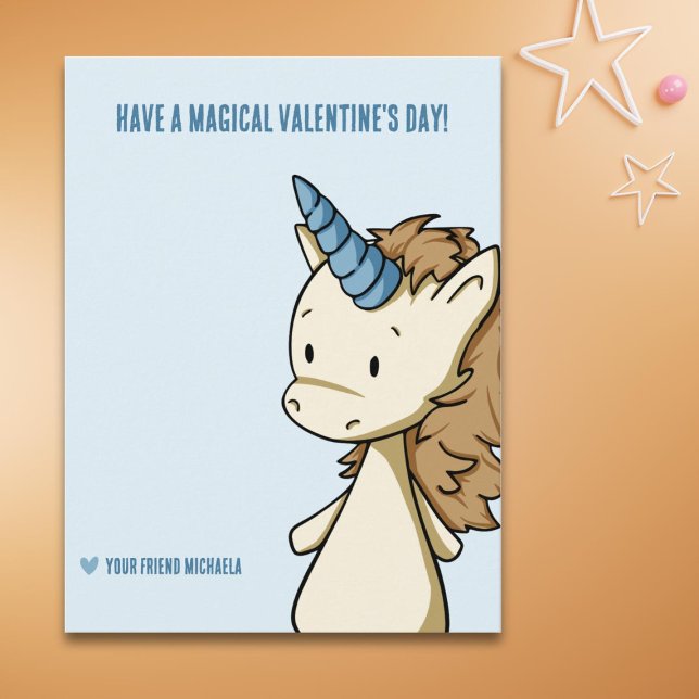 Cute Blue Unicorn Classroom Valentine's Day Holiday Postcard (Creator Uploaded)