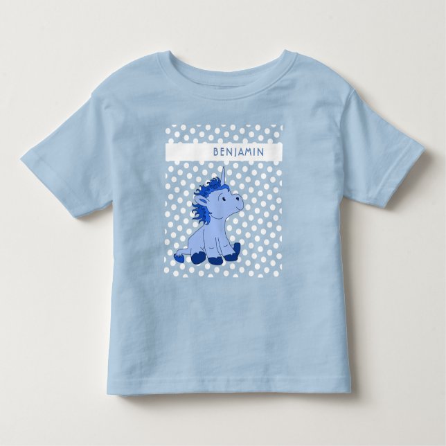 Cute Blue Unicorn Polka Dot Pattern Kids Name Toddler T-Shirt (Front)
